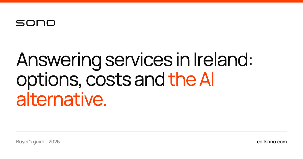 Sono card reading 'Answering services in Ireland: options, costs and the AI alternative'.