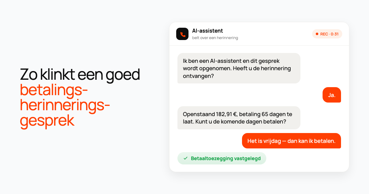 Gesprekskaart: een AI-assistent noemt een openstaande schuld, de klant belooft vrijdag te betalen en dit wordt vastgelegd.