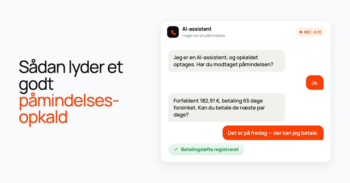 Opkaldskort: en AI-assistent oplyser en forfalden gæld, kunden lover at betale på fredag, og betalingsløftet registreres.