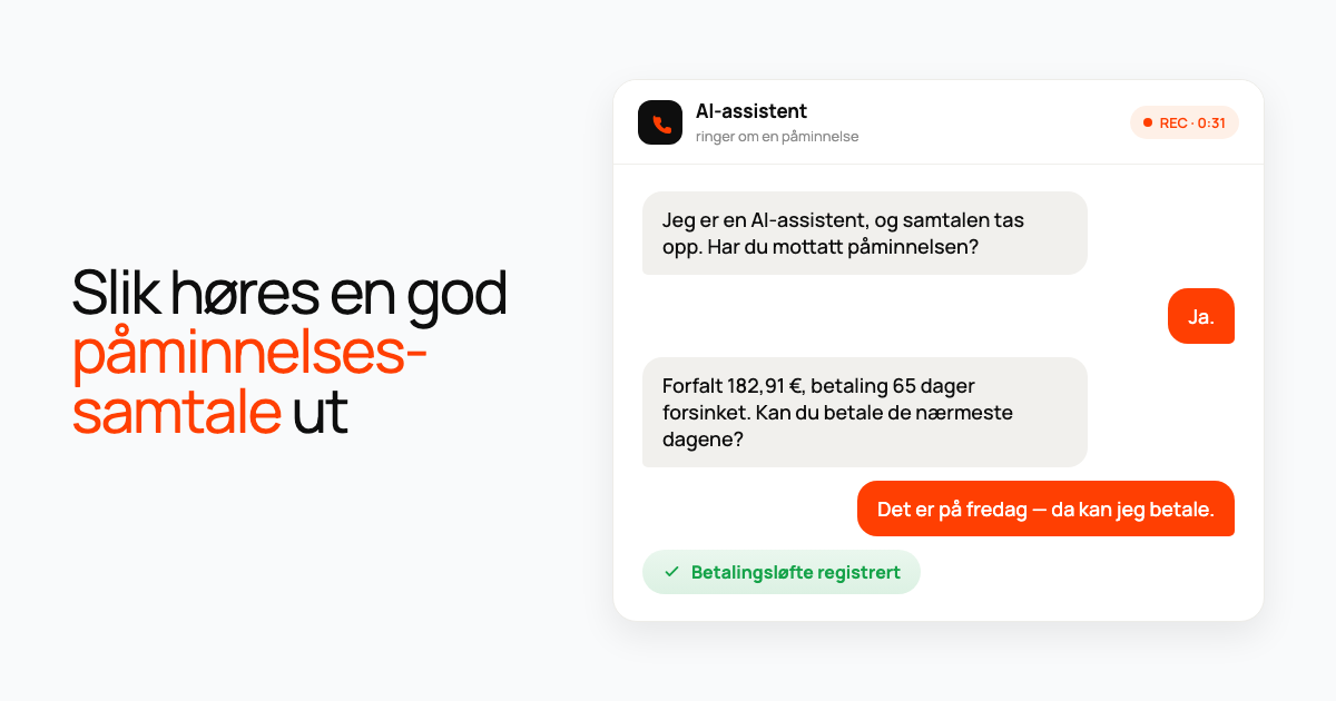 Samtalekort: en AI-assistent oppgir en forfalt gjeld, kunden tilbyr å betale på fredag, og betalingsløftet registreres.