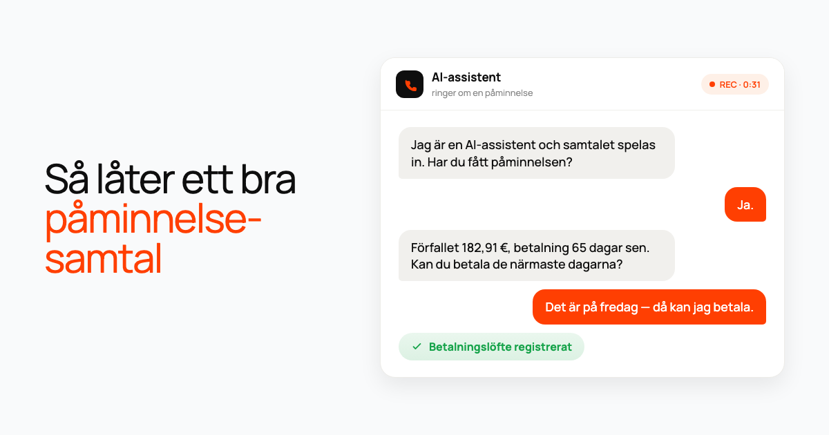Samtalskort: en AI-assistent uppger en förfallen skuld, kunden erbjuder sig att betala på fredag och löftet registreras.