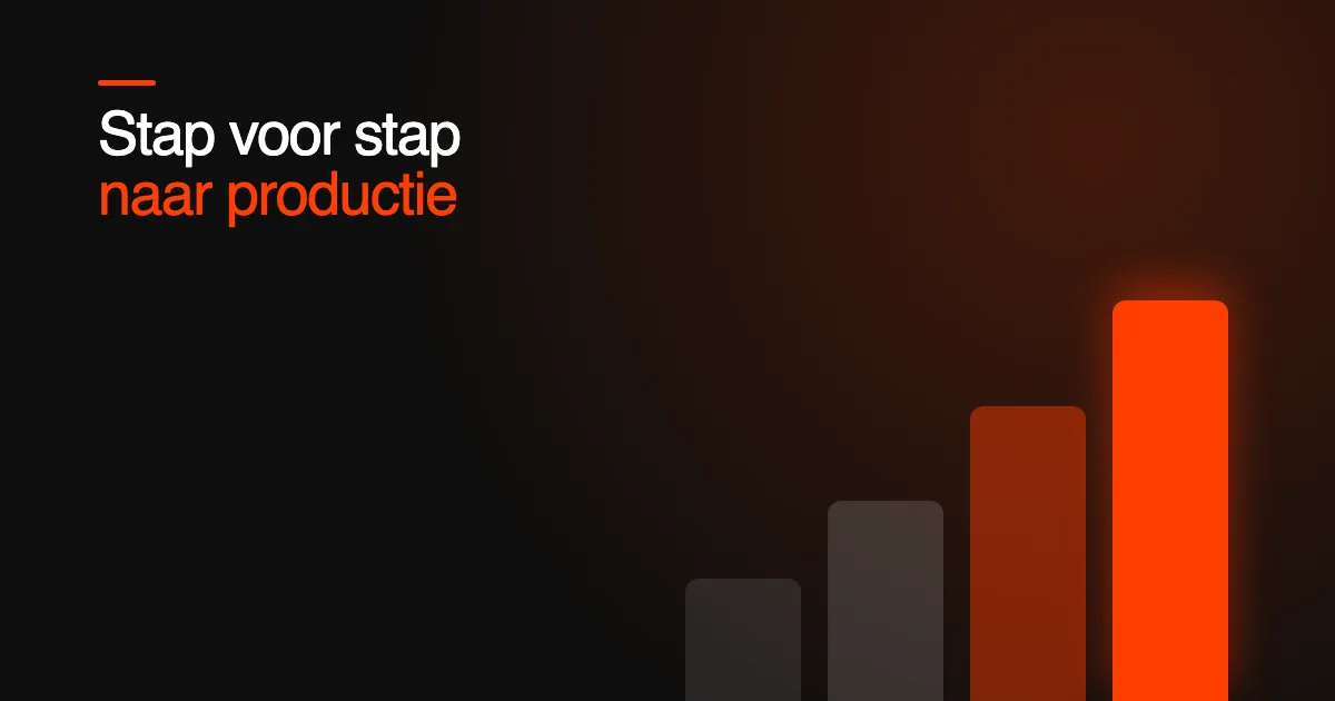Oplopende staafjes richting een gloeiende oranje staaf, naast de tekst stap voor stap naar productie.