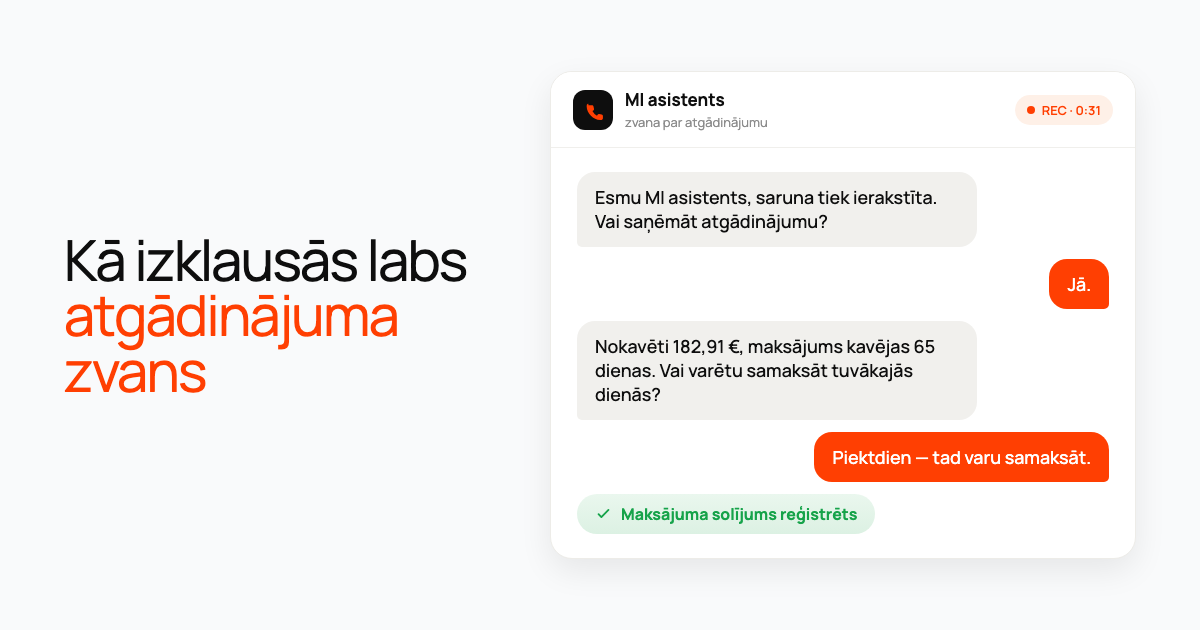 Zvana kartīte: AI asistents nosauc nokavētu parādu, klients piedāvā samaksāt piektdien, un tiek reģistrēts solījums.