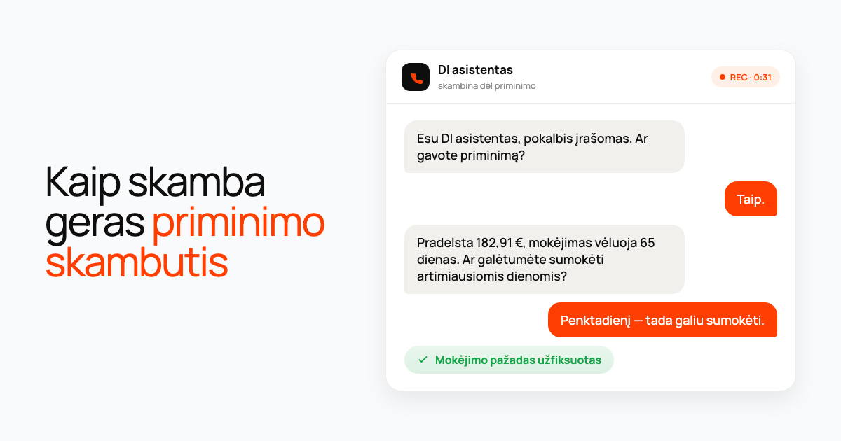 Skambučio kortelė: AI asistentas nurodo pradelstą skolą, klientas siūlo sumokėti penktadienį, užfiksuojamas pažadas.