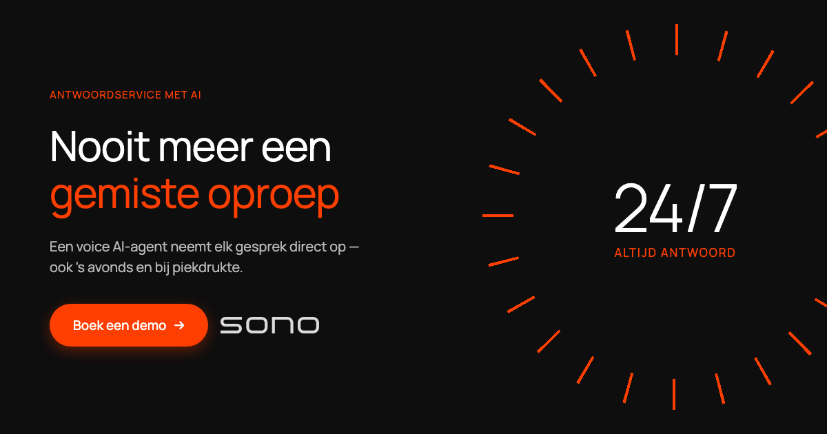 Antwoordservice met AI die elk gesprek direct opneemt — een voice AI-agent naast een 24/7-ring met 'Altijd antwoord'.