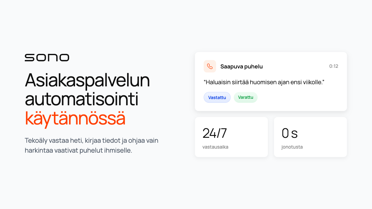 Artikkelikortti otsikolla Asiakaspalvelun automatisointi käytännössä ja Sonon näkymä vastatusta puhelusta.