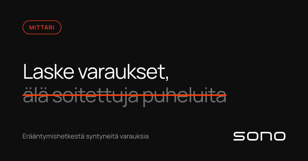 Musta kortti tekstillä ”Laske varaukset, älä soitettuja puheluita”, jossa jälkimmäinen on yliviivattu oranssilla.