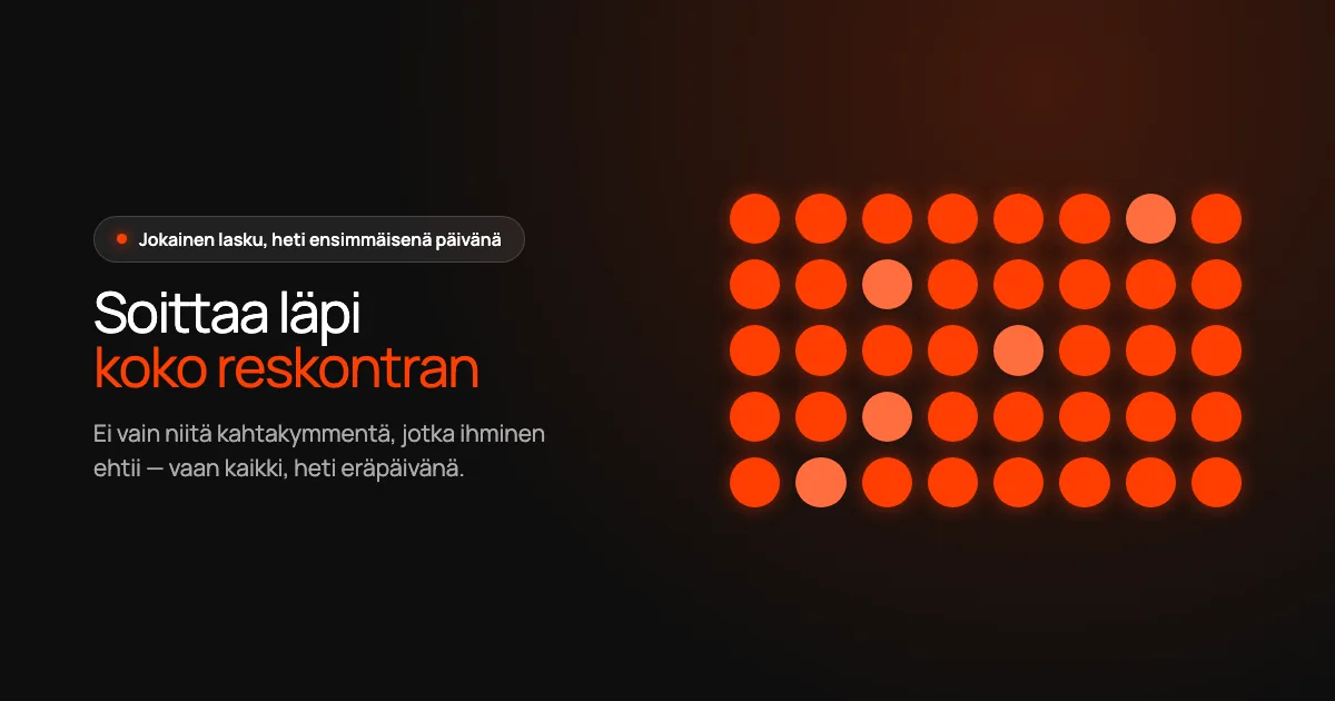 Tumma Sono-kortti otsikolla ”Soittaa läpi koko reskontran” ja vieressä ruudukko oransseja pisteitä.