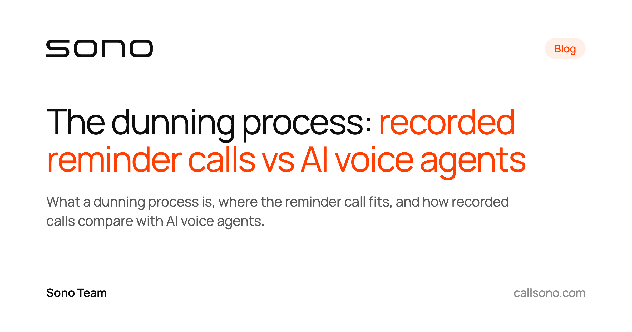 Sono blog card with the headline The dunning process: recorded reminder calls vs AI voice agents, in black and orange.