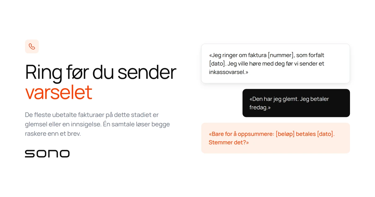 Overskriften «Ring før du sender varselet» ved siden av samtalemanuset vist som meldingsbobler, med Sono-logo.