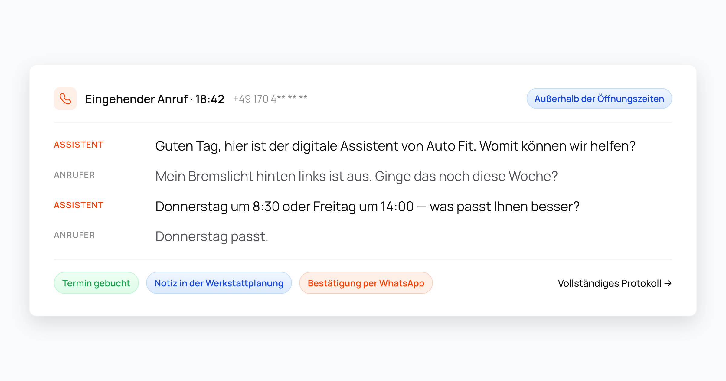 Gesprächsprotokoll eines Anrufs um 18:42 als Sprechblasen: defektes Bremslicht, zwei Terminvorschläge, Termin gebucht.