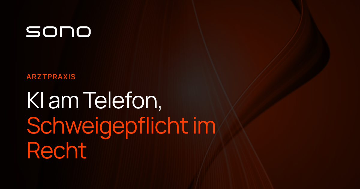 Titelbild: abgedunkelte Aufnahme eines Praxisempfangs mit der zweifarbigen Überschrift „KI am Telefon, Schweigepflicht im Recht“.