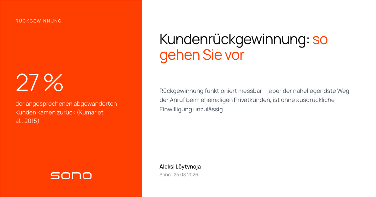 Titelbild: oranges Feld mit der Zahl 27 Prozent — dem Anteil der angesprochenen abgewanderten Kunden, die in der größten publizierten Rückgewinnungskampagne zurückkamen — daneben der Titel auf weißem Grund.