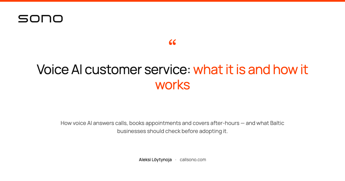 Voice AI customer service: what it is and how it works — article card on a Sono-branded background.