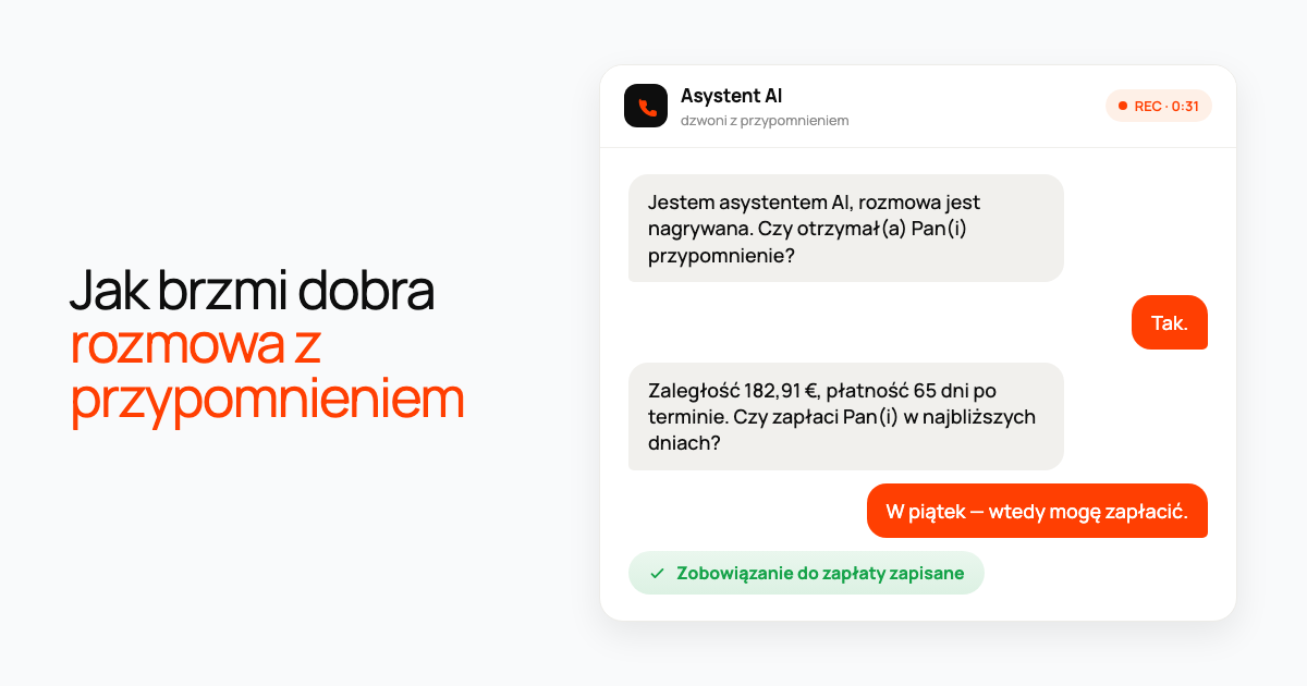 Karta rozmowy: asystent AI podaje zaległość, klient proponuje zapłatę w piątek, a zobowiązanie zostaje zapisane.