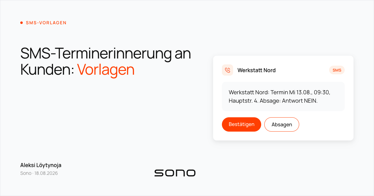Titelbild: neben dem Titel eine nachgestellte Terminerinnerungs-SMS einer Werkstatt mit Datum, Uhrzeit, Adresse und dem Absageweg „Antwort NEIN“.