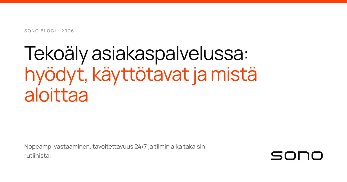 Vaalea artikkelikortti, jossa otsikko tekoälystä asiakaspalvelussa ja Sonon logo oranssilla yläpalkilla.