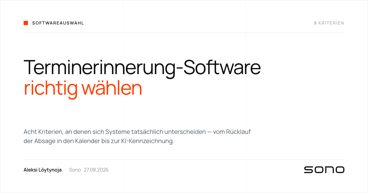 Titelbild im ruhigen Rastersatz: „Terminerinnerung-Software richtig wählen“, dazu der Hinweis auf acht Kriterien für den Vergleich.
