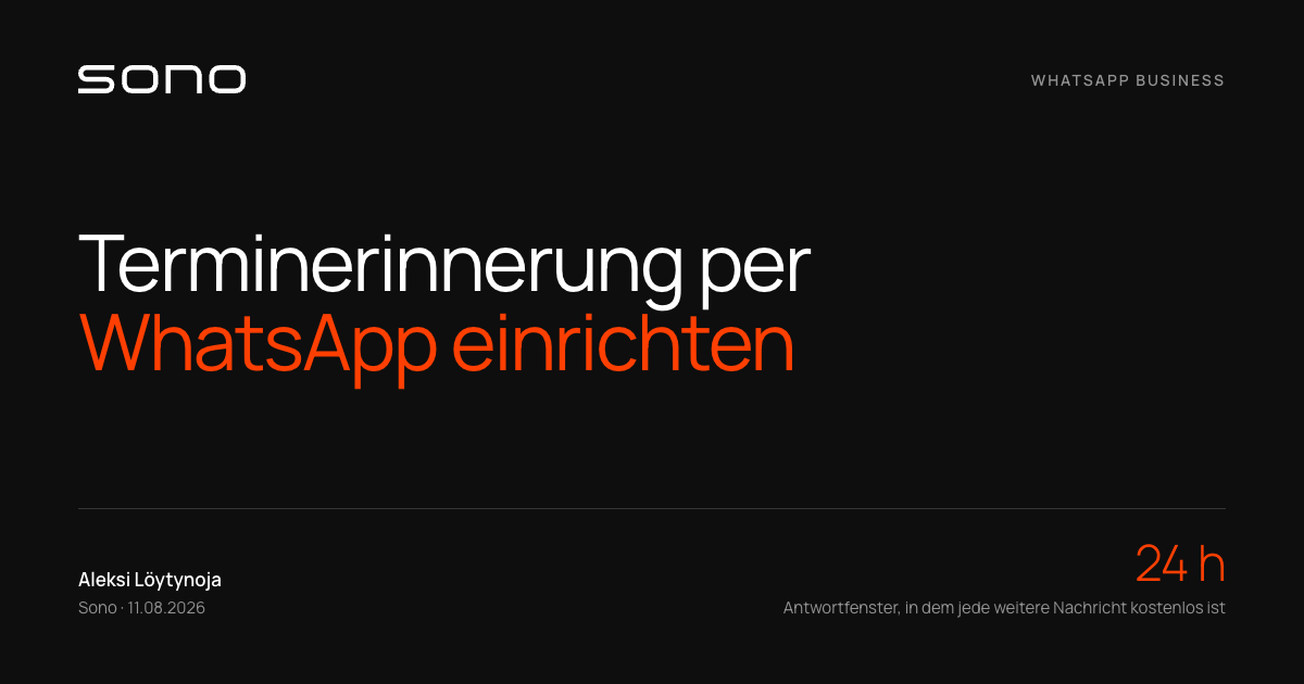 Titelbild auf schwarzem Grund: „Terminerinnerung per WhatsApp einrichten“, daneben das 24-Stunden-Antwortfenster, in dem jede weitere Nachricht kostenlos ist.