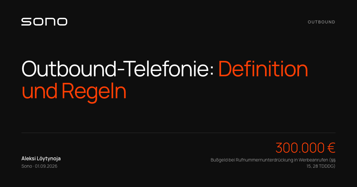 Titelbild auf schwarzem Grund: „Outbound-Telefonie: Definition und Regeln“, daneben der Bußgeldrahmen von 300.000 Euro für Rufnummernunterdrückung bei Werbeanrufen.