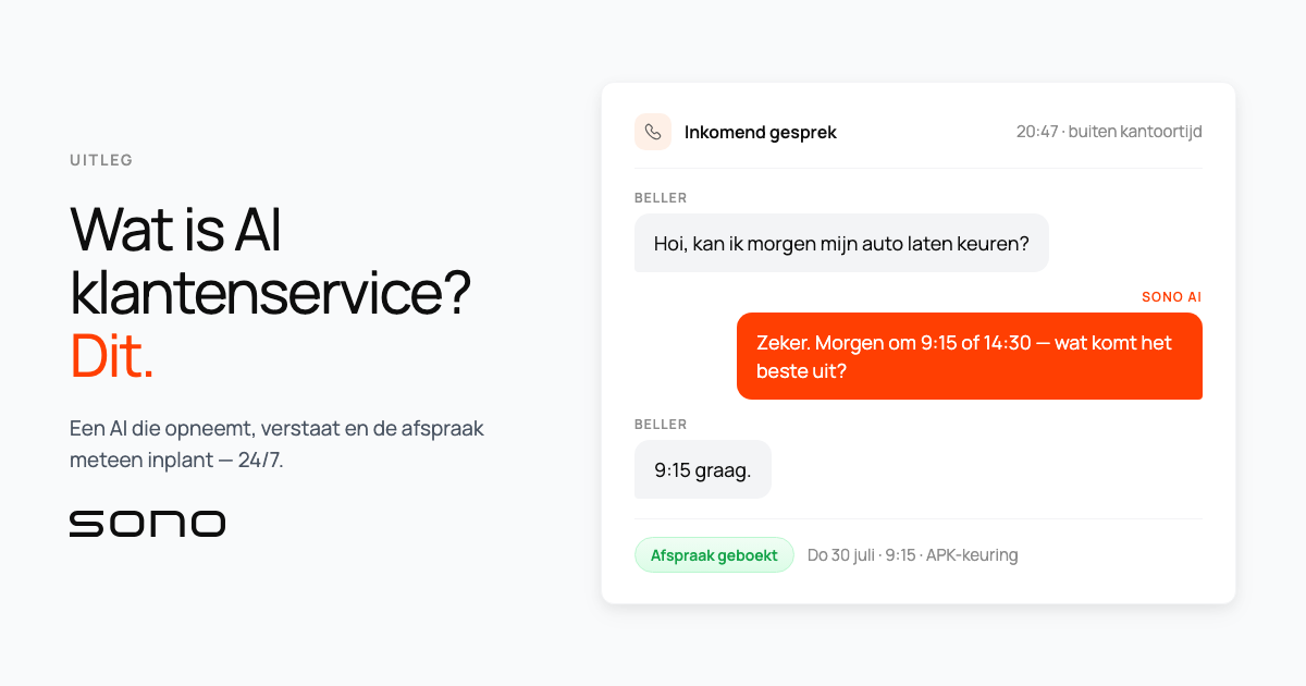 Een AI beantwoordt 's avonds een inkomend telefoongesprek en boekt direct een APK-afspraak voor de beller.