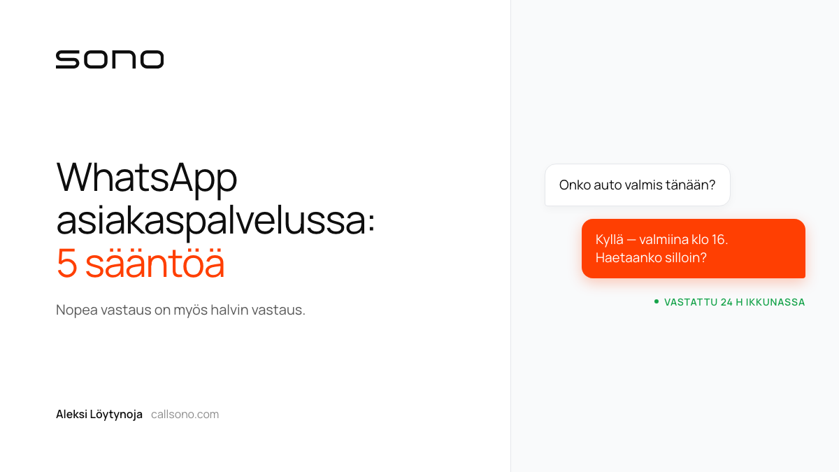 Kaksi WhatsApp-viestikuplaa: asiakas kysyy onko auto valmis, yritys vastaa saman päivän aikana.